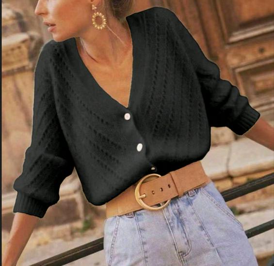 Damen V-Ausschnitt Mohair Cardigan - Langarm, Lochmuster, einfarbige Basis für Frühling & Herbst