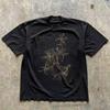 Unisex Dark Aesthetic Casual Tops 1Pc Black Retro Washed Crew Neck Short Sleeve Gold Line Sketch Lily Floral Signature Art Graphic Print Tees