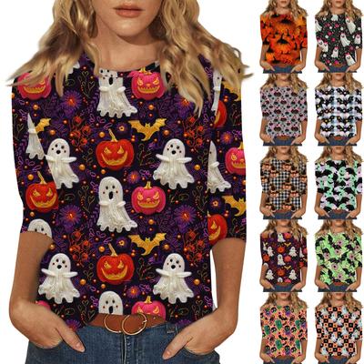 Women's Halloween Printed Round Neck Top With Three Quarter Sleeves T Shirt Casual Top