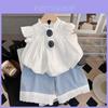 Stylish Summer Girls Two-piece Set Featuring White Doll Shirt And Wide-leg Pants