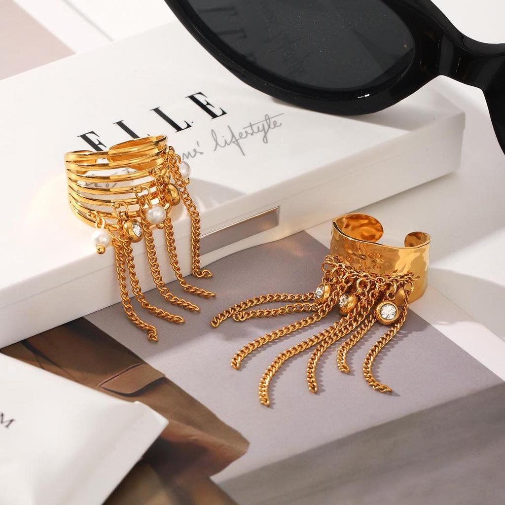 Stainless Steel Tassel Ring with Pearls & Zircon Multi-Layer Hollow Design