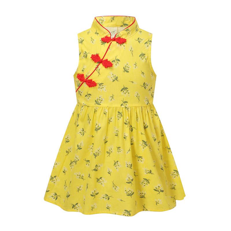 Girls Cotton Sleeveless Printed Qipao Dress Spring Summer Princess For Kids 80cm
