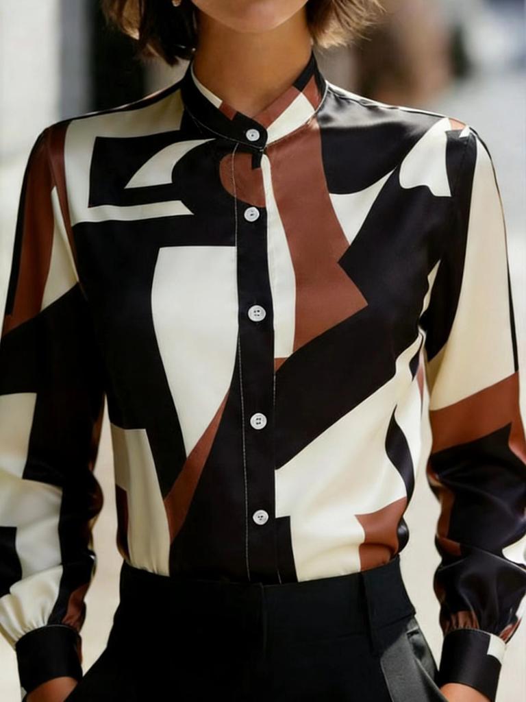 Spring temperament commuting geometric pattern stand-up collar shirt women's loose long sleeves European and American style elegant digital printing