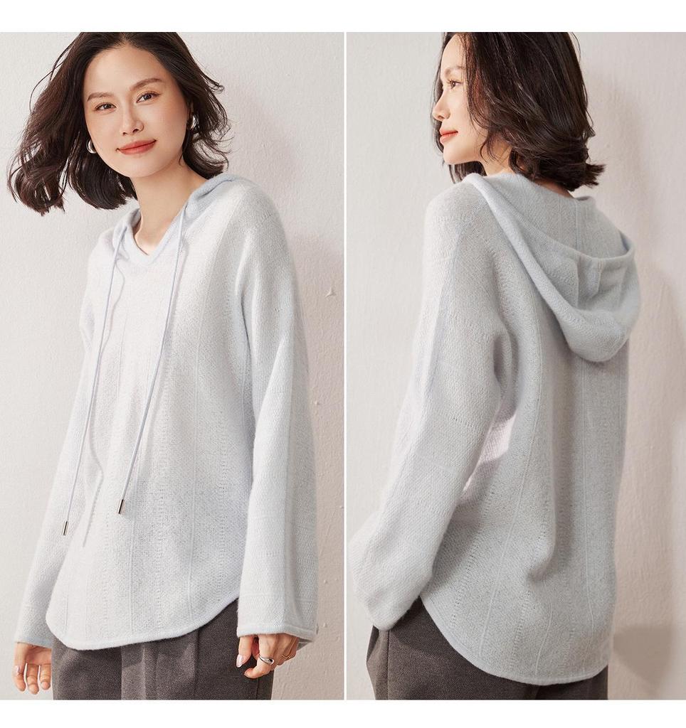 Women's Loose-Fit Cashmere Hooded Sweater - Winter 2026 New Arrival, Solid Color, Simple Style, Slimming Effect