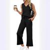 Women's Loose Fit Two Piece Outfit Sleeveless V Neck Tank Top Drawstring Waist Wide Leg Pants Tracksuit