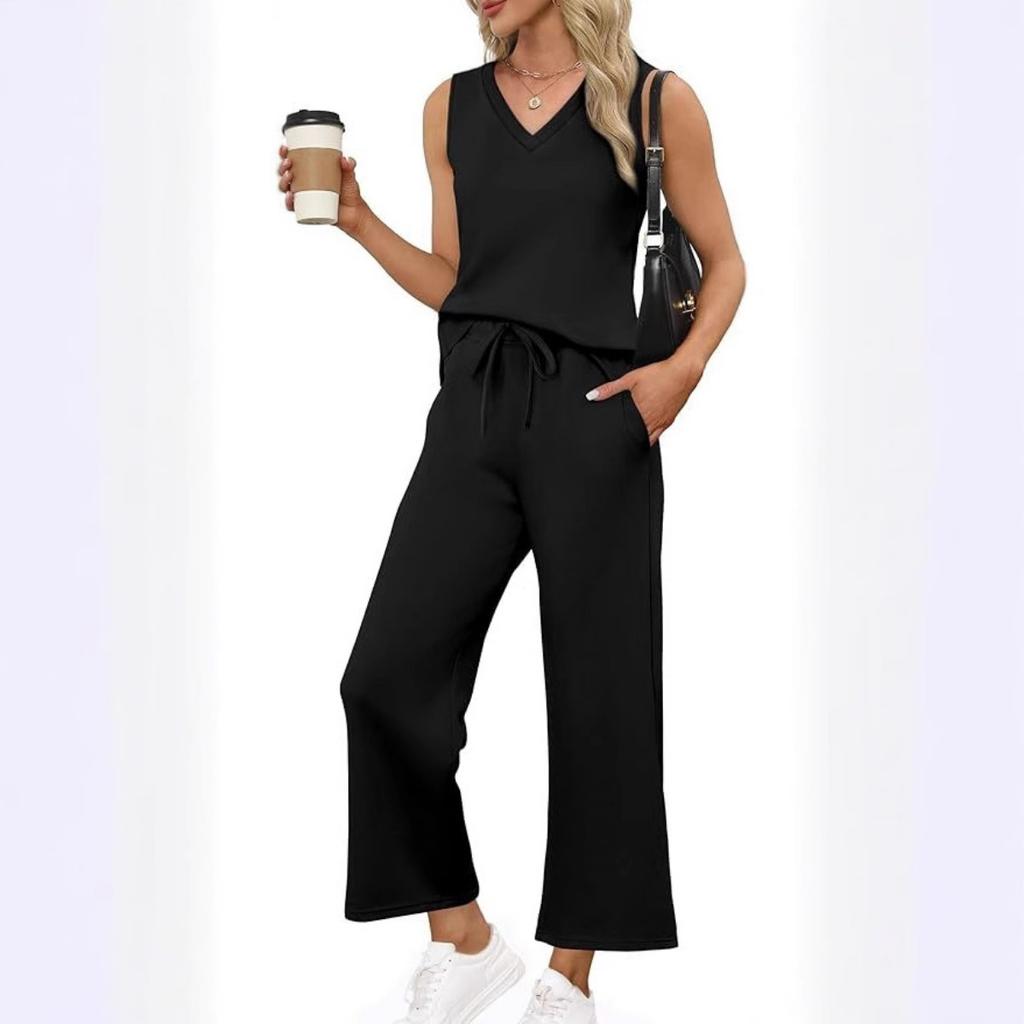 Women's Loose Fit Two Piece Outfit Sleeveless V Neck Tank Top Drawstring Waist Wide Leg Pants Tracksuit