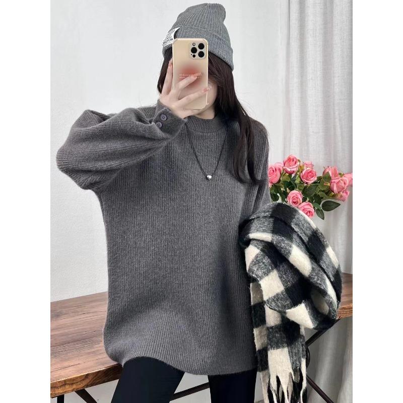 Lazy wind thickened loose cuffs button-knitted pullover sweater for women's autumn and winter medium and long inner top for women