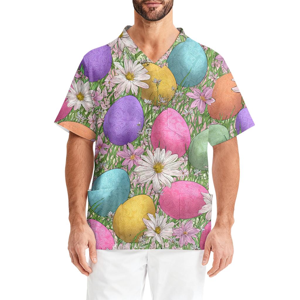 Men's Printing Short Sleeve V-neck Working Blouse Chest Pocket Carer Top