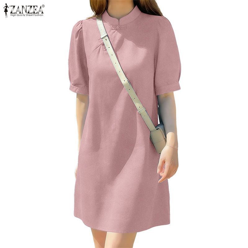 ZANZEA Women Summer Stand Collar Casual Short Sleeve Dress