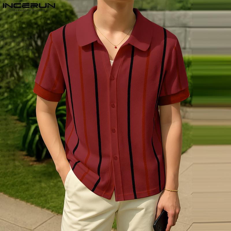 INCERUN Oversized Men Short Sleeve Striped Print Buttons Casual Loose Shirts Tops