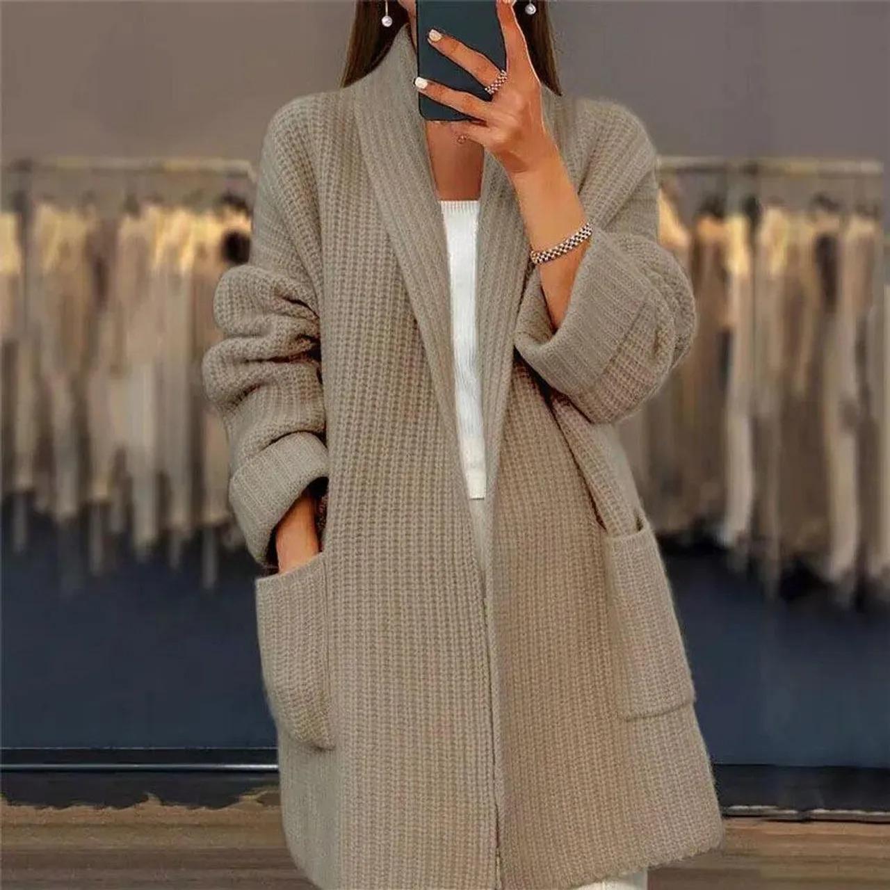 Autumn Winter Loose-Fit Versatile Simple Casual Sweater Knitted Top Jacket Fashionable Cardigan Medium-Length Top for Women S