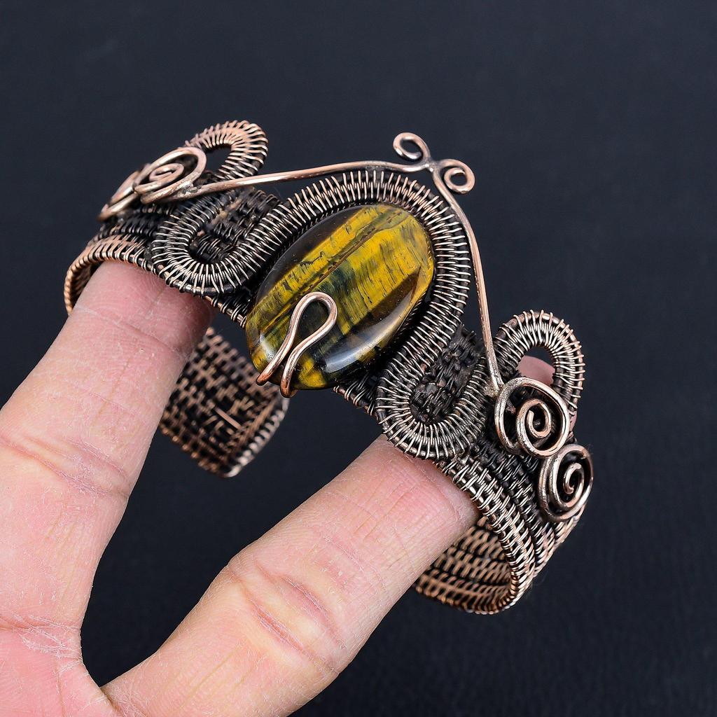 Tiger's Eye 999 Copper Wire Wrapped Silver Bangle Adjustable, Handmade Gemstone Jewelry, Gift For Mom Antique Jewelry