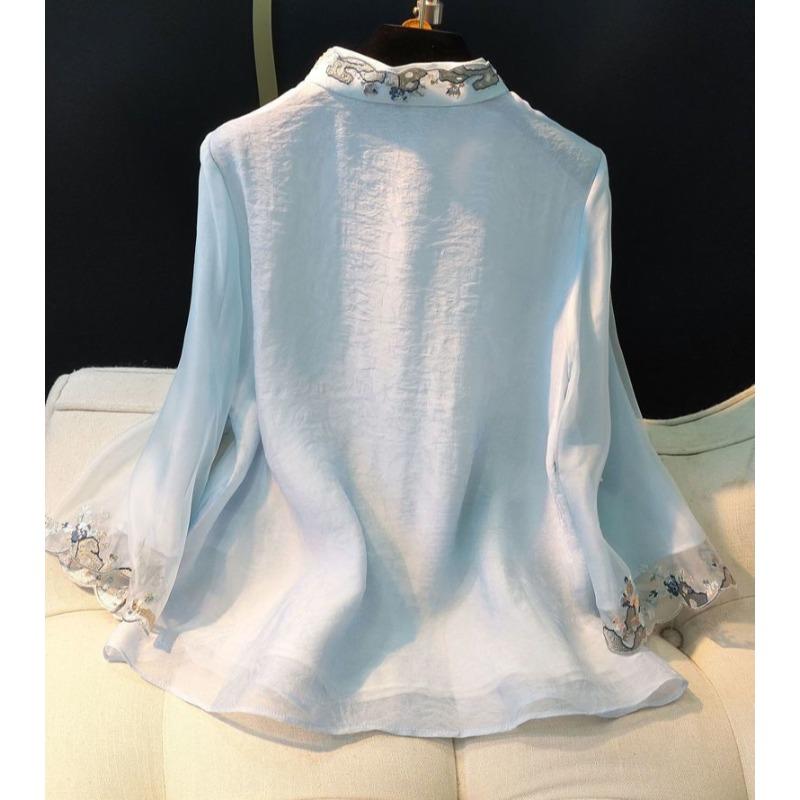 Top Corto de Bordado Vintage con Botón y Camisa de Seda Sintética para Mujer