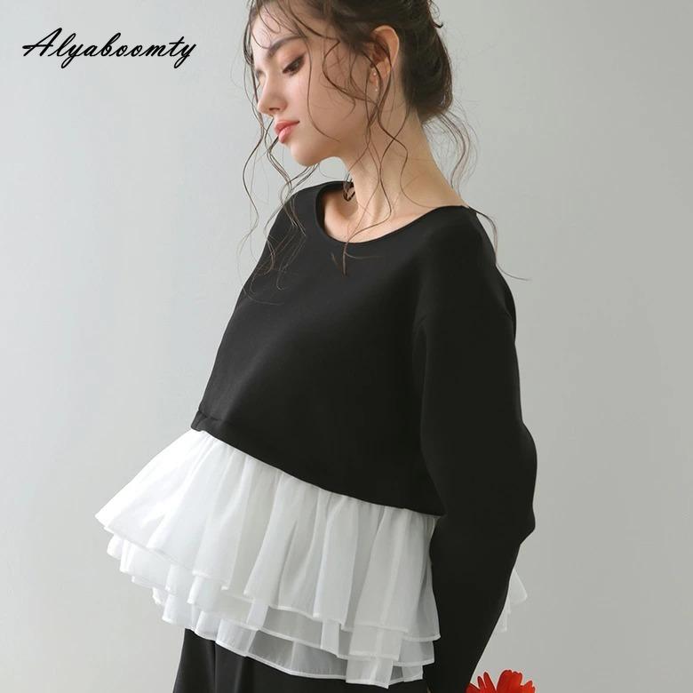 Korean Style Spring Autumn Women Hoodies O Neck White Gray Black Patchwork Mesh Ruffles Sweatshirt Casual Loose Ladies' Stylish Top