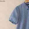ZANZEA Women Casual Stand Collar Short Sleeve Grid Print Blouse