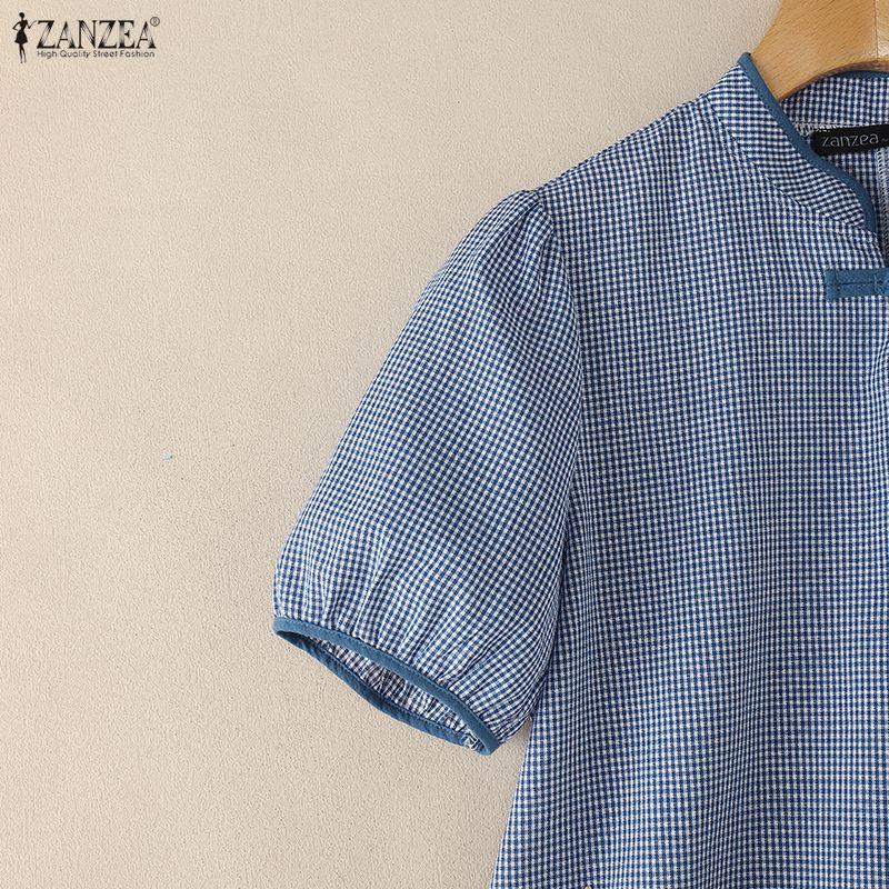 ZANZEA Women Casual Stand Collar Short Sleeve Grid Print Blouse
