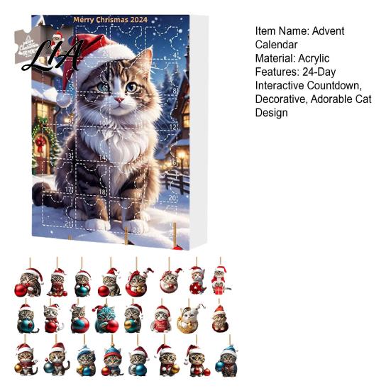 Holiday Hanging Decorations Christmas Advent Calendar with 24 Acrylic Cat Ornaments, Countdown Decor Party Favors for Tree Backpack, Cute Kitten
