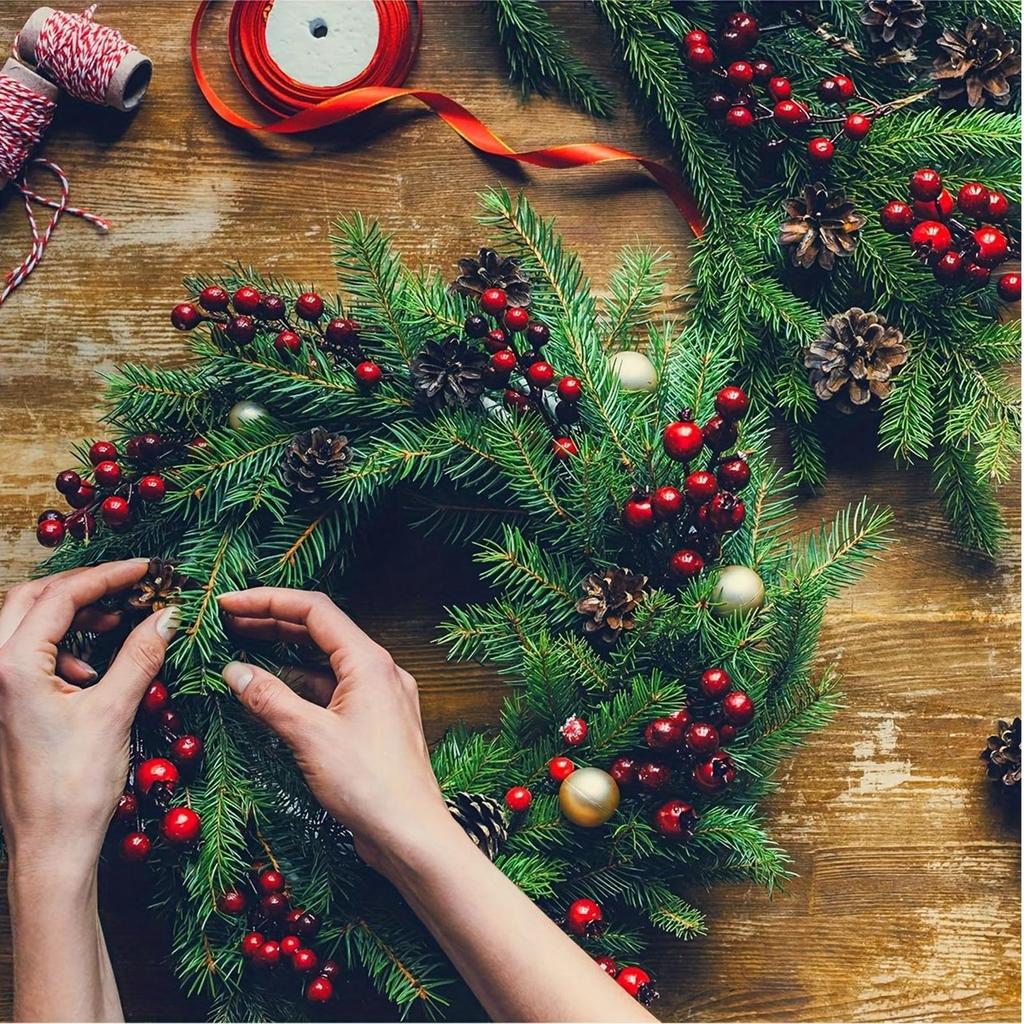 60 Pieces Artificial Pine Branches Faux Christmas Decoration Green Branches And Red Holly Berries For Making Wreaths Decorating