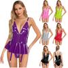 Womens Shiny Vinyl Mini Dress Front Zipper Back Lace Up Sling Dress Clubwear
