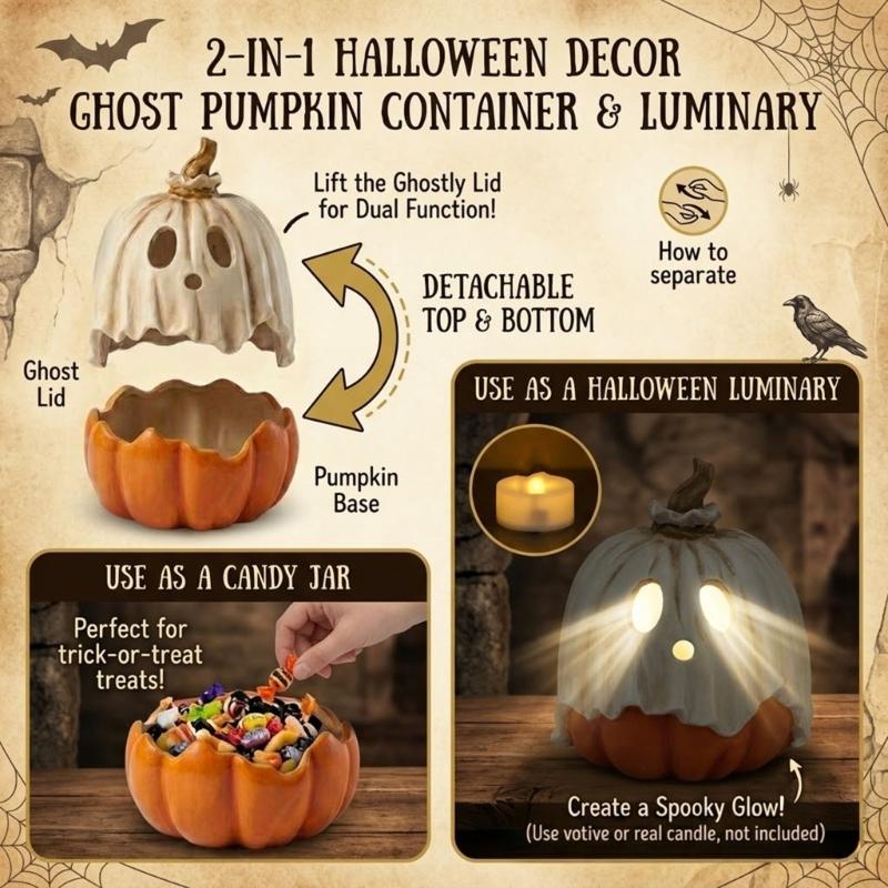 Halloween Candy Display Bowl with Lid for Shelf Entry Display and Party Sweet Serving for Home Styling, 30Cm/11.8Inch Pumpkin Face Resin Candle Stand