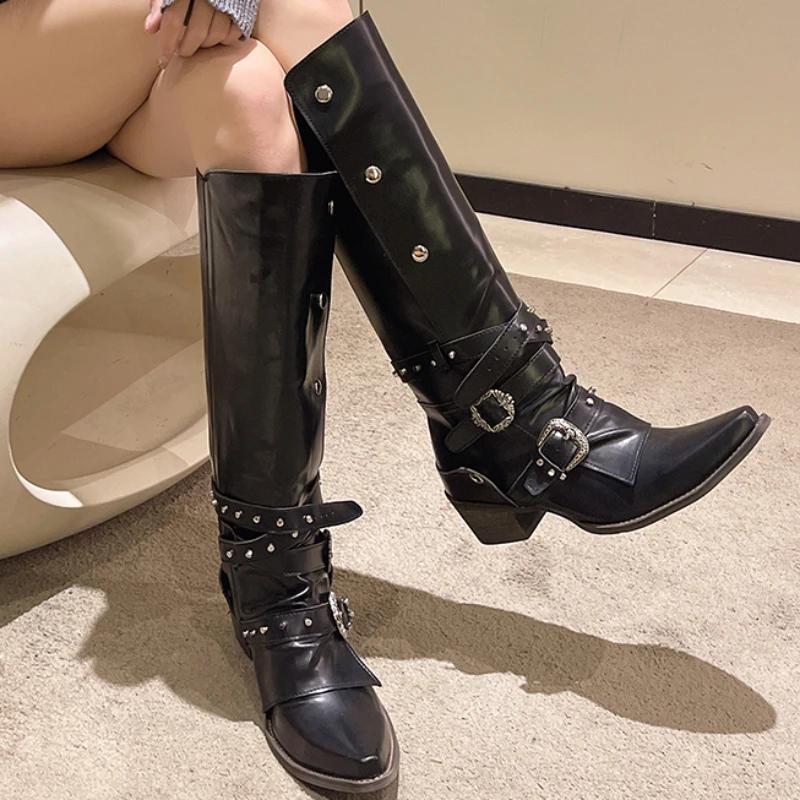 Female Shoes On Sale  Fashion Slip On Women'S Boots Autumn Pointed Toe Solid Buckle Decoration Mid Heel Western High Boots