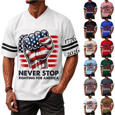 Men's Casual V Neck Sports Jersey Short Sleeve T Shirt with Graphic Print Independence Day Patriotic Design Athletic Top