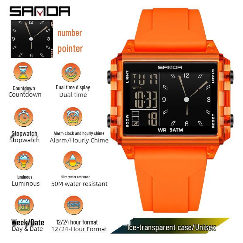 Sanda Dual Time Waterproof Transparent Sports Wristwatch with Colorful Single Display and Student Timer Function