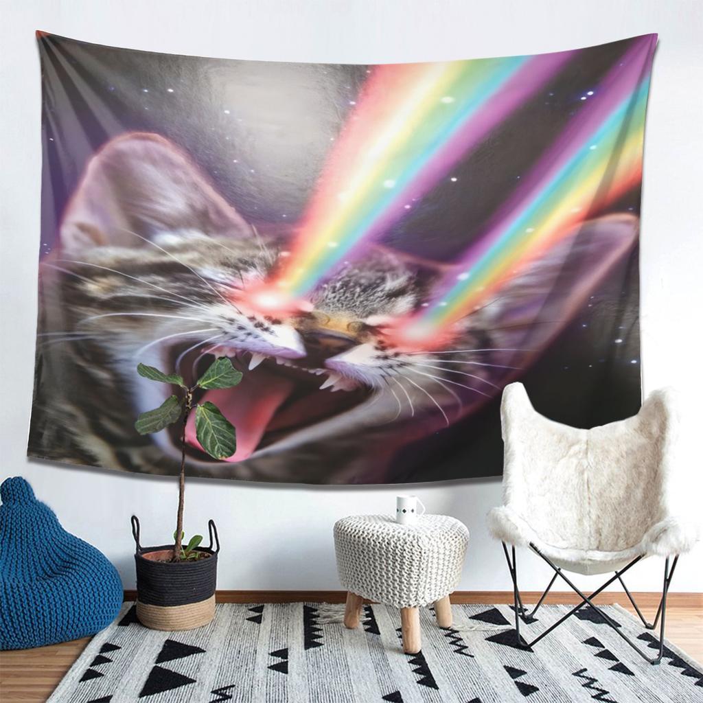 Funny Rainbow Laser Cat Tapestry, Universe Starry Sky Magic Cat Wall Hanging for Bedroom Living Room Decor