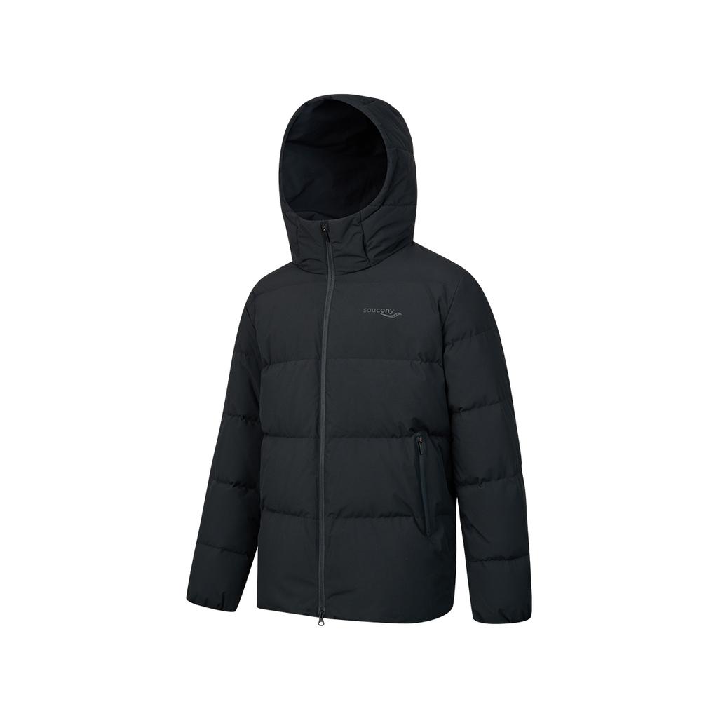 SAUCONY Solid Color Simple Logo Print Hooded Mid-Length Puffer Jacket Men Outerwear Black SC2240144C-BK01