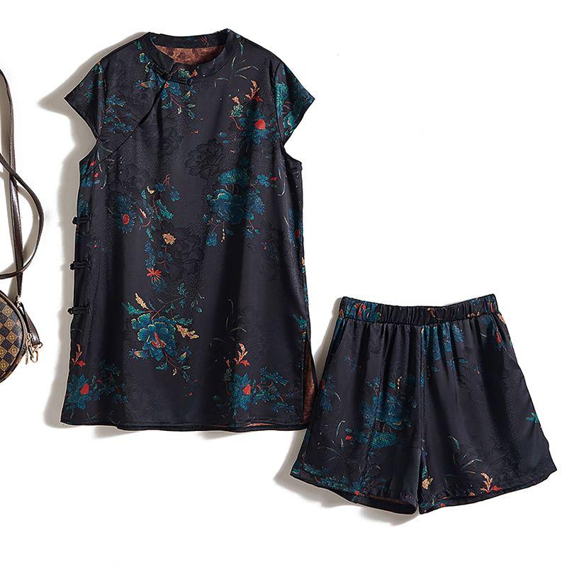 

Chinese Fashion Satin Suit Summer! Women s Small Stand Collar Buckle Long Slit Top T-shirt + Shorts Hot Pants Black 4XL