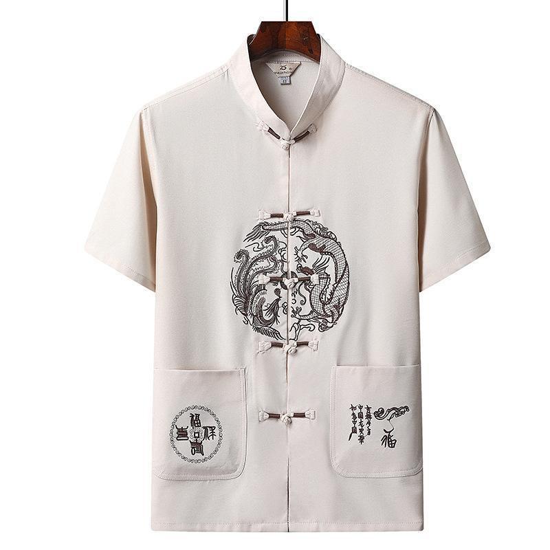 Men's Summer Ice Silk Tang Suit: Thin Retro Hanfu Set with Frog Button Embroidery for Middle-Aged and Elderly.