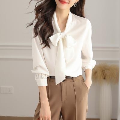 Frühling Neuer Stil Essigsäurehemd Weißes Satinhemd Damen Langarm Schnürung Professionelles Pendeloberteil