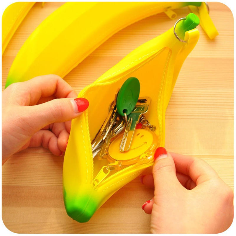 Novelty Funny Silicone Purses Multifunction Pencil Case Portable Yellow Banana Coin Purse Bag Wallet Key Bag Pouch