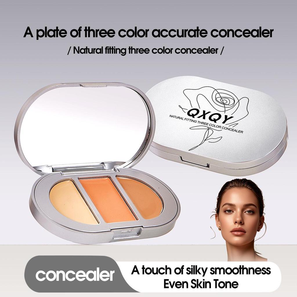 QXQY Natural Fit Tri-Color Concealer Stereoscopic Concealer Dark Circles Brighten Tear Troughs Salmon Color