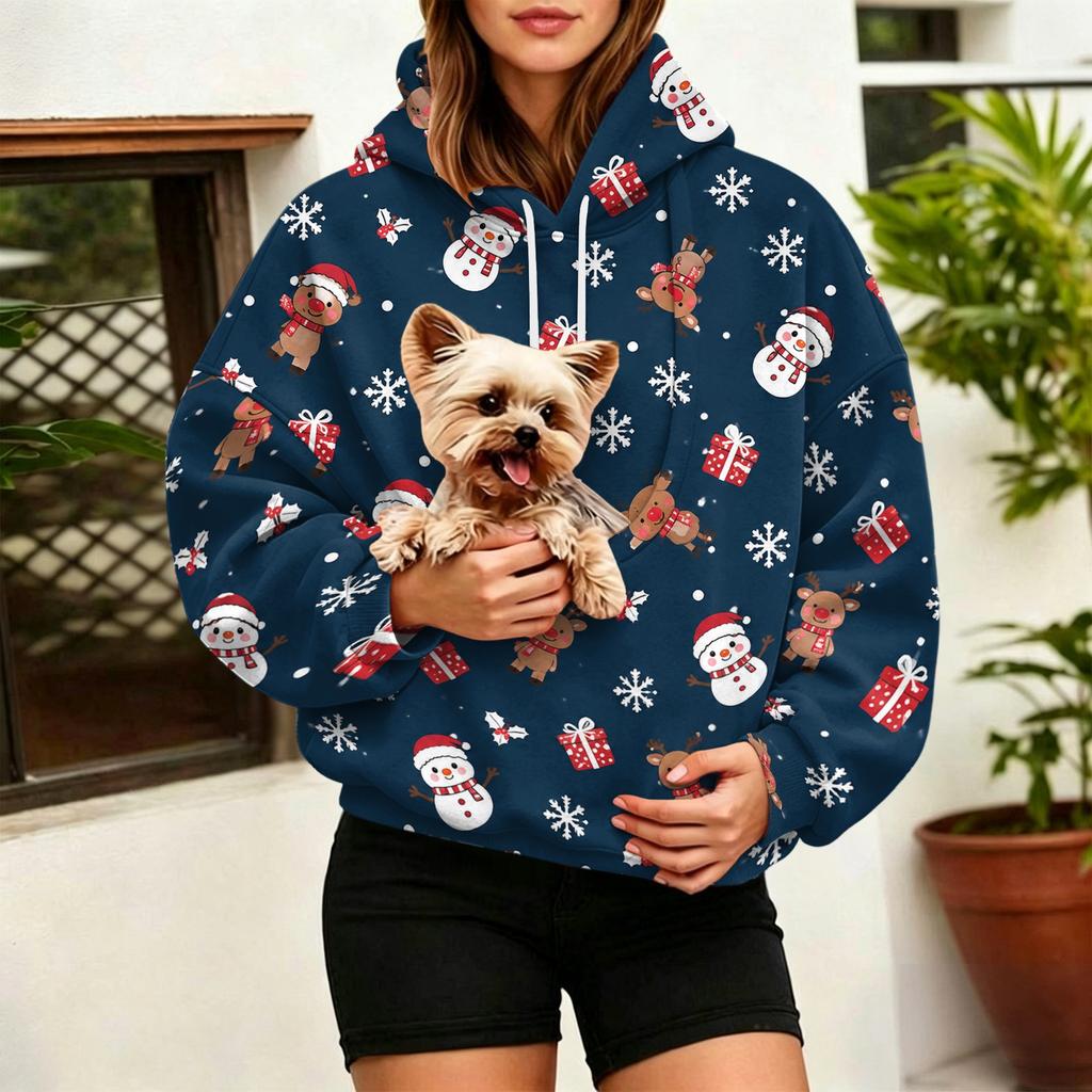 Damen Mode Weihnachtsdruck Pullover Hoodie mit großer Haustier Tasche für Freizeitkleidung