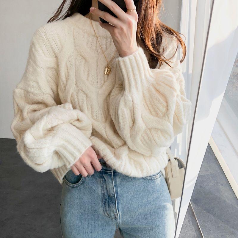 Lantern Sleeves Round Neck Twist Sweater Female Daily Casual Autumn and Winter Korean Version of Loose Thickened Twist Pullover Knitted Sweaters