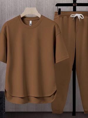 Men's Solid Color Japanese Trend Two-Piece Set: Short Sleeve T-Shirt & Long Pants (Summer 2025)