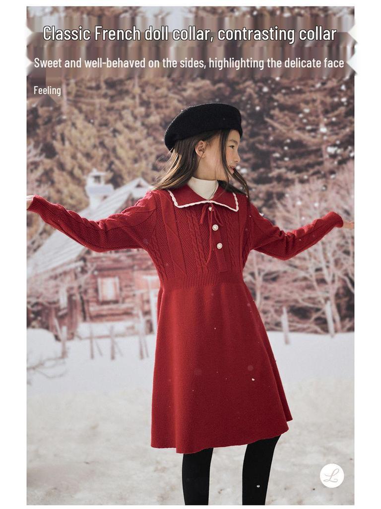 Sangluo Girls' Knit Woolen Dress - 2025 Autumn/Winter Red New Year Outfit
