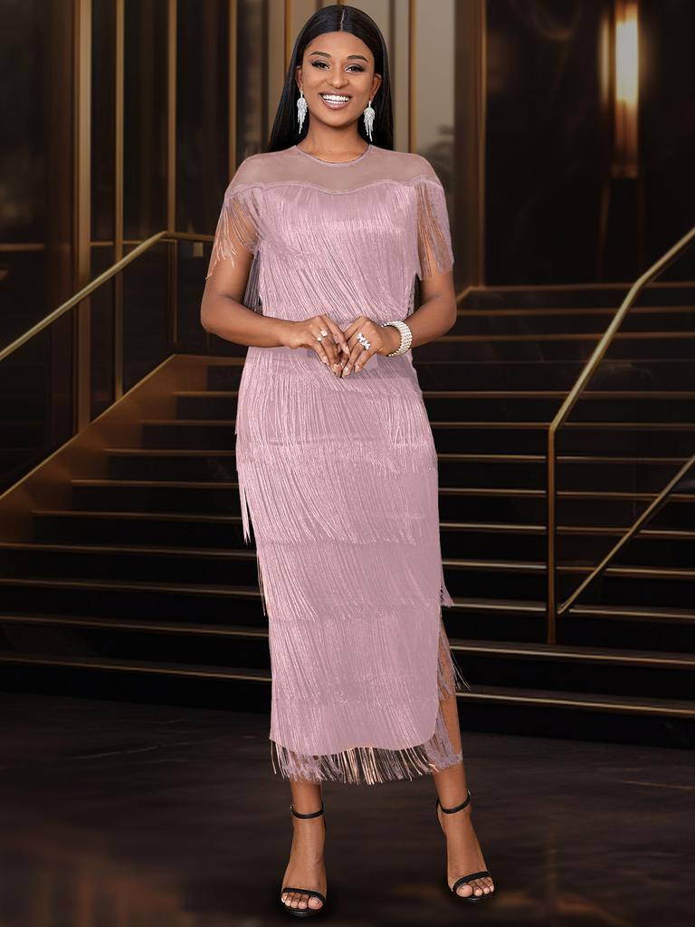 dress with tassel evening Fitted Tassel Off-the-Shoulder Beaded Sequined Prom Dress with Slit S8928P  - Prom Dresses