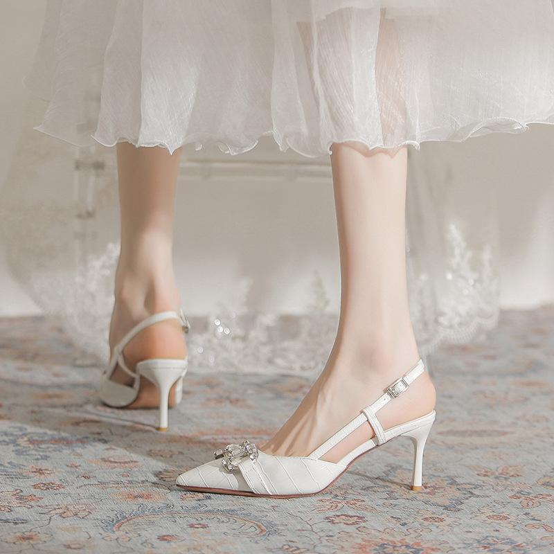 Baotou sandals women's summer new thin heel pointed stone pattern glossy patent leather design single shoes commuter high heels