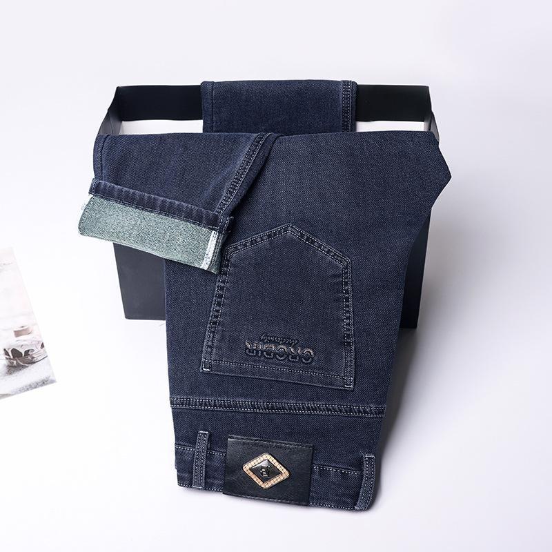 Blugi de vară din mătase gheață subțire elastici pentru bărbați, pantaloni drepți, vrac, mari, elastici, de afaceri, casual
