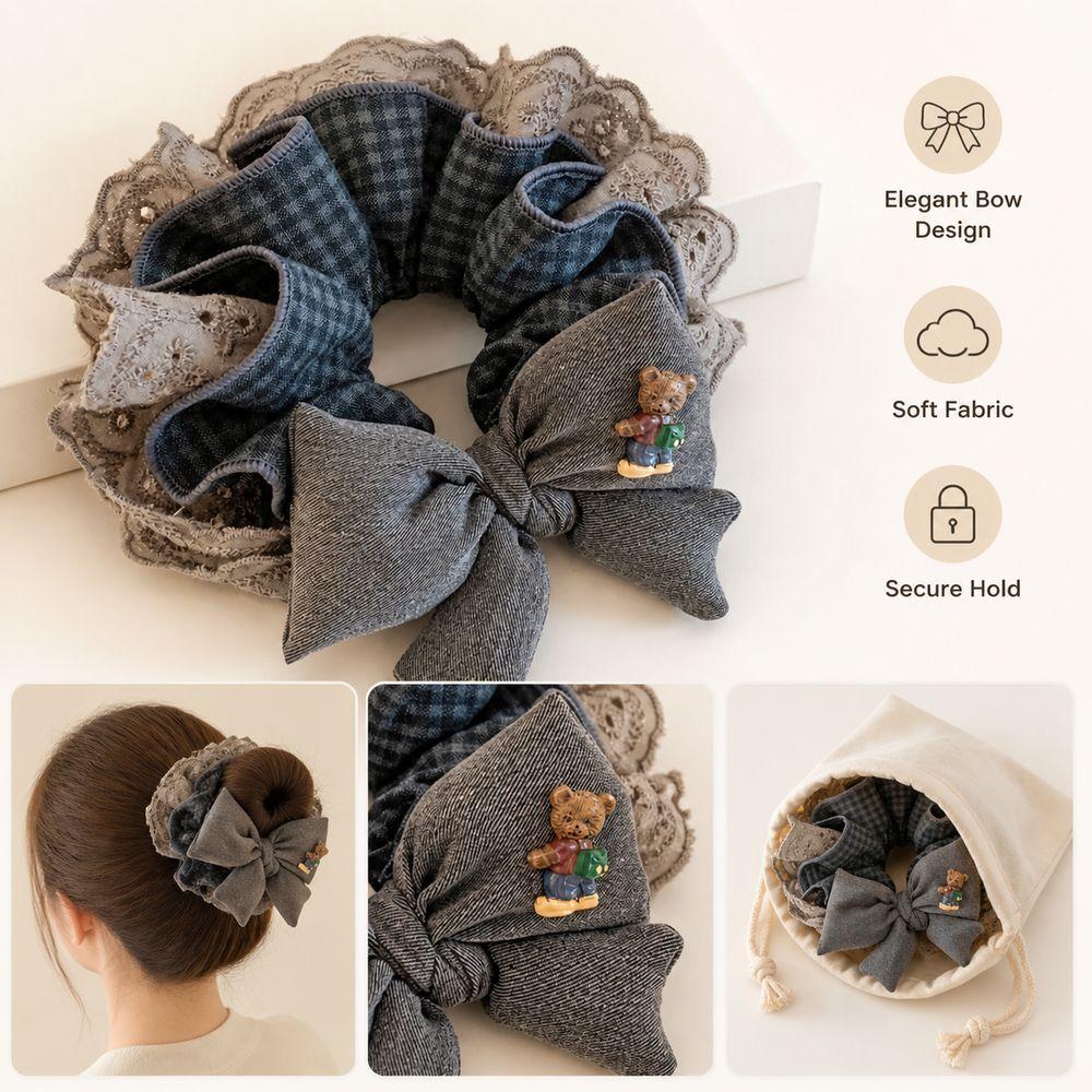 Checkered Bow Tie Bear Lace Hair Scrunchie Bear Elastic Hair Band Hair Accessory Ponytail Styling