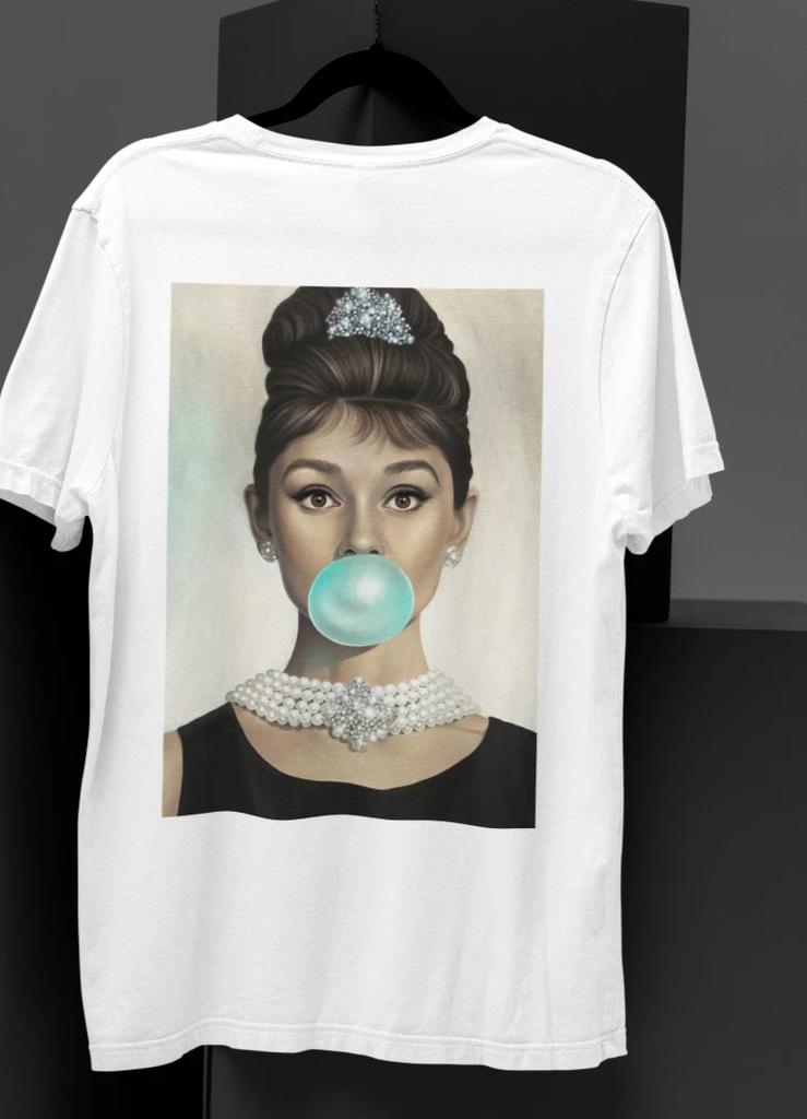 T-shirt Audrey Hepburn Bańka Guma Śniadanie u Tiffany'ego Biały Klasyczny Film Prezent