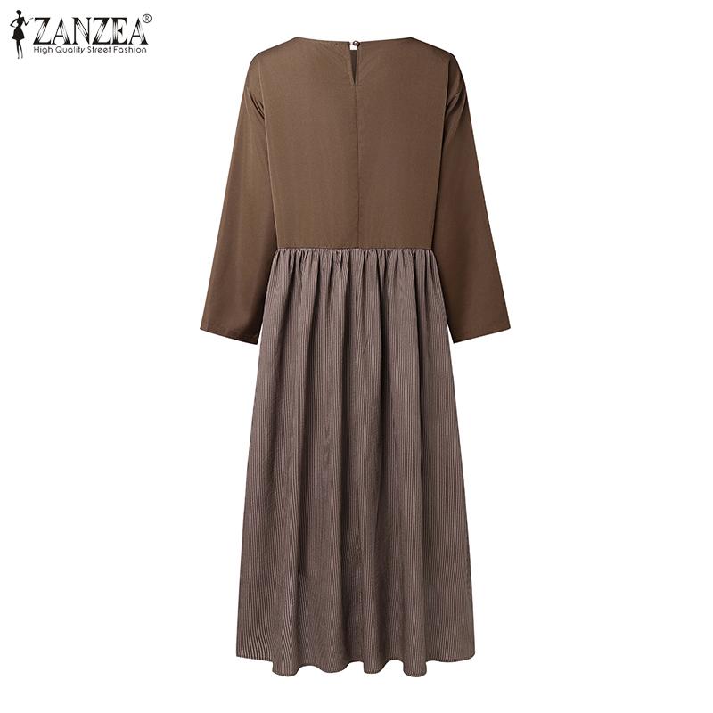 ZANZEA Women Casual Round Neck 3/4 Sleeve Loose Stripe Patchwork Long Dress