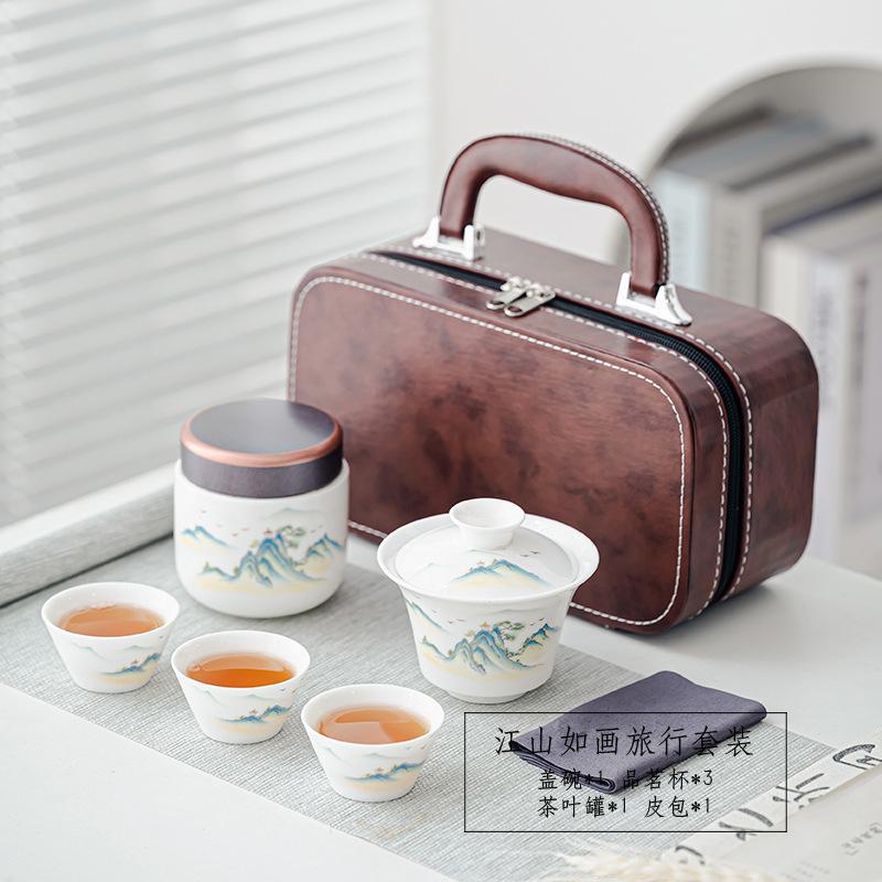 Complete Outdoor Travel Tea Set Set, Ceramic Express Cup, One Bowl Three-cup Simple Brewing Teapot, Portable Handbag