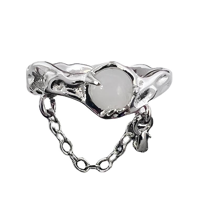 Two-Piece Set, High-End Moonstone Ring, Women'S Open Ring, Niche Design, Plain Ring, Index Finger Ring, French Self-Discipline Ring.