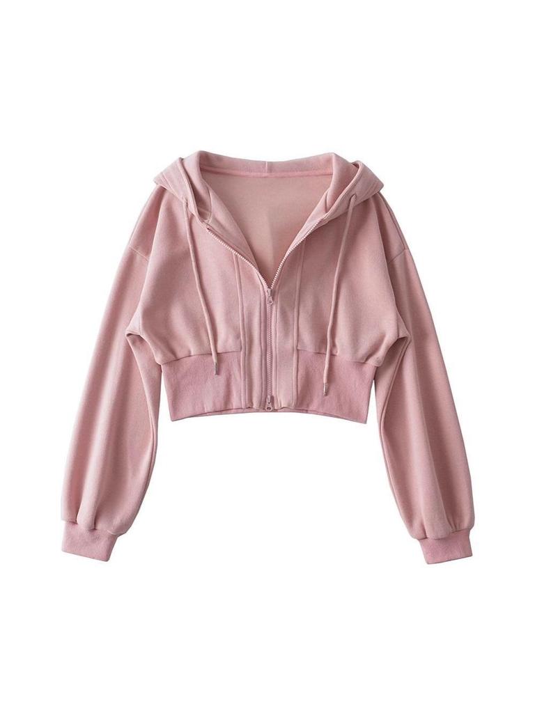 Women's Trendy European & American Double Zipper Hooded Sweatshirt - Solid Color, Loose Fit, High Waist Casual Jacket