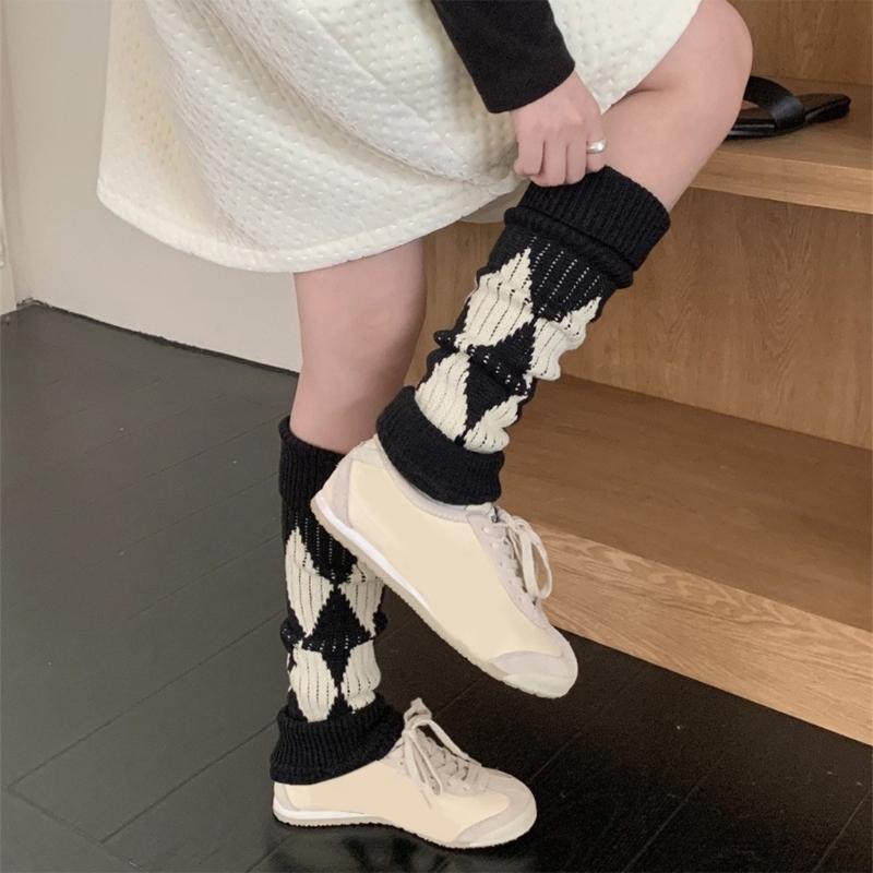 Argyle Pattern Wool Knitted Turn Cuffs Leg Warmers for Women and Students Cold Weather Foot Covers Footless Calf Socks