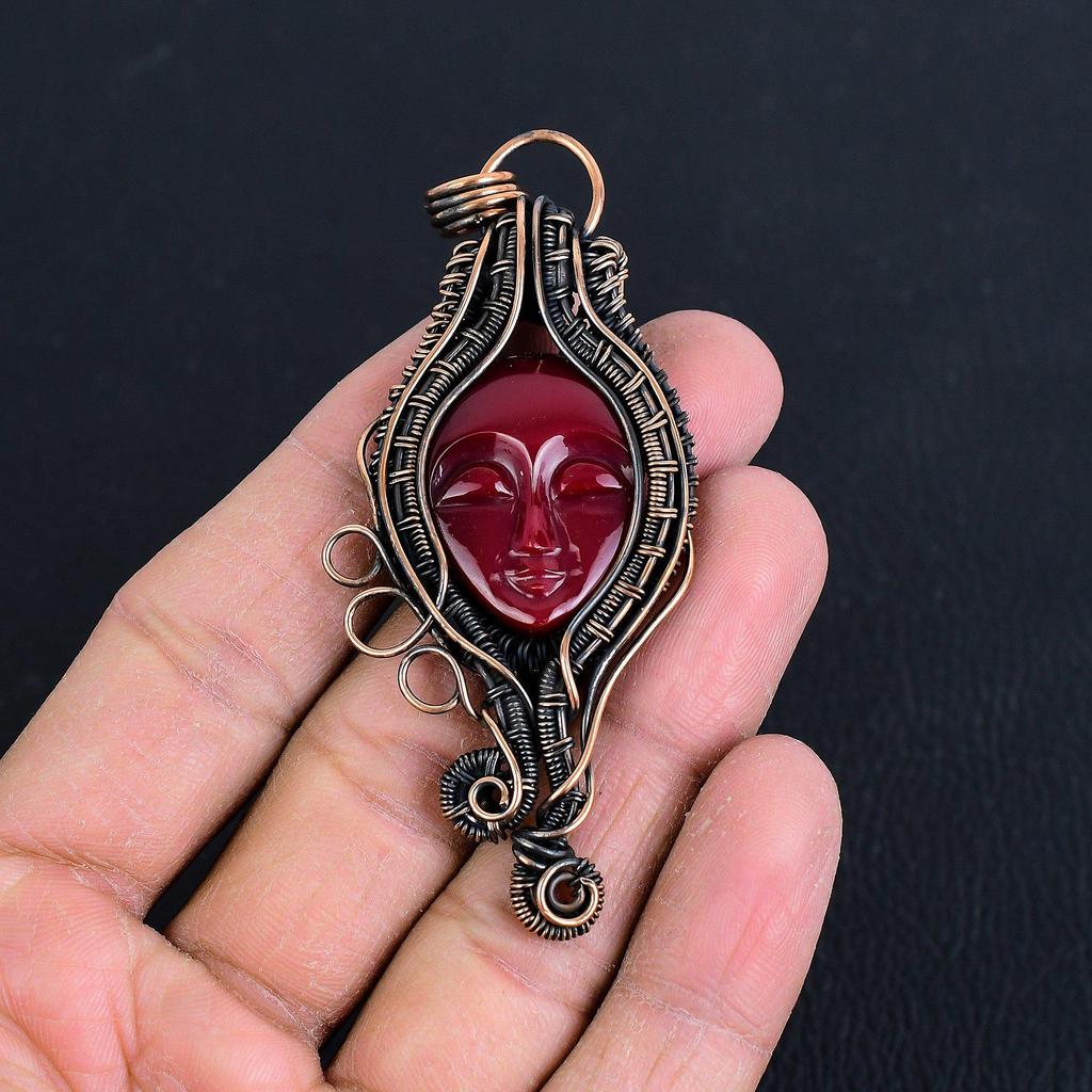 Lady Face Red Coral Handmade Gemstone Pendant, 999 Copper Wire Wrapped Pendant Antique Jewelry, For Engagement Gift