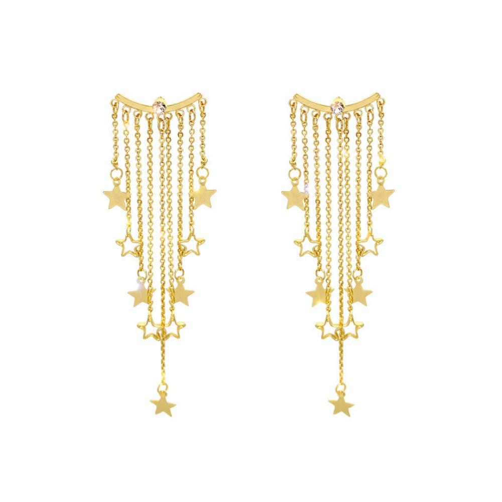 New Temperament Charm Gold Color Hollowed Out Stars Sequins Tassel Chain Zircon Dangle Earrings for Women Korea Designer Jewelry